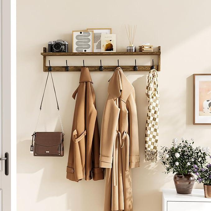BAMEOS Coat Rack Wall Mount, Large Wooden Coat Hooks with Shelf, 35