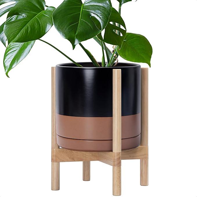 D'vine Dev Ceramic Planter with Natural Stand - 12 Inch Modern Round Flower Pot with Wood Planter Holder, Black/Speckled Tan, 55-B-J-7