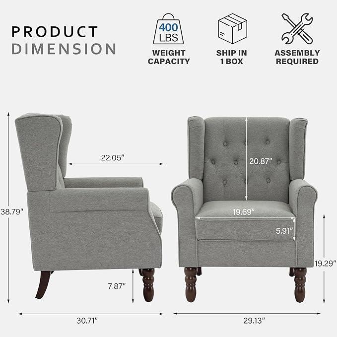 Lumibee High Back Accent Chair,Upholstered Wingback Armchair with Solid Wood Legs for Small Spaces,Comfy Single Sofa Chair for Living Room,Bedroom,Office-Light Gray