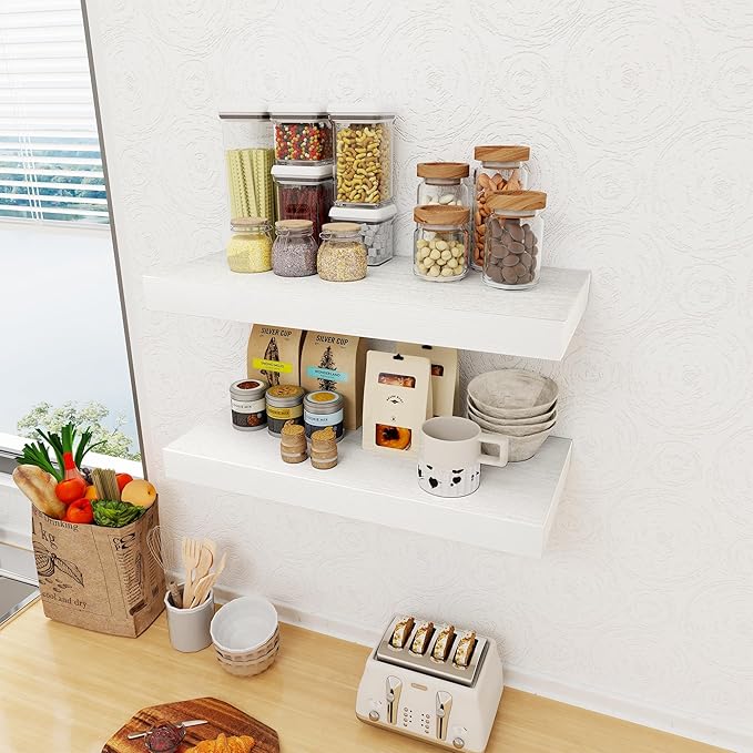 12 Inch Deep White Floating Shelves, 24 x 12 Floating Shelf for Books, Rustic Wood Deep Wall Shelves for Home Storage & Display, 2