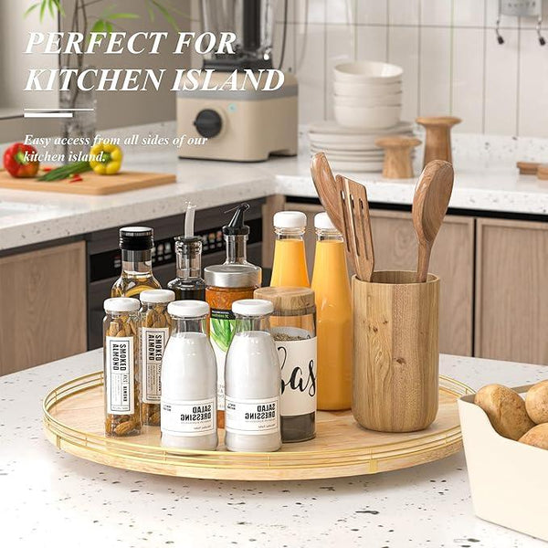 24 Inch Extra Large Lazy Susan Turntable - Premium Solid Oak Wood & Iron | Rustic Farmhouse Rotating Tray for Dining Table, Kitchen Countertop, Centerpiece Decor | Smooth 360° Spin | Durable & Stylish
