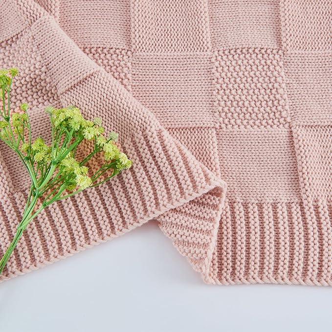 CozeCube Check Knit Throw Blanket, Pink Checkered Throw for Couch, Decorative Christmas Soft Cozy Warm Knitted Blanket for Bed Sofa Living Room, 50
