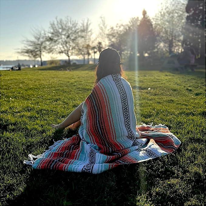 Traditional Handwoven Mexican Blanket, Large Falsa Serape - Soft & Durable - Vibrant Beach, Picnic, Yoga & Camping Mat - Lightweight Boho Throw 70