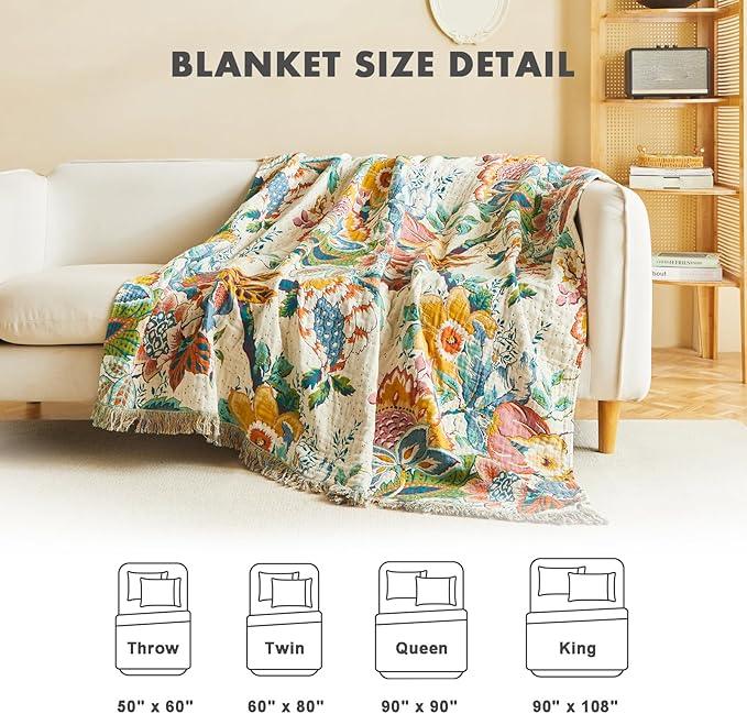 MSGKV Boho Throw Blanket for Bed Twin Size Cotton Muslin Breathable Vine Blanket 60