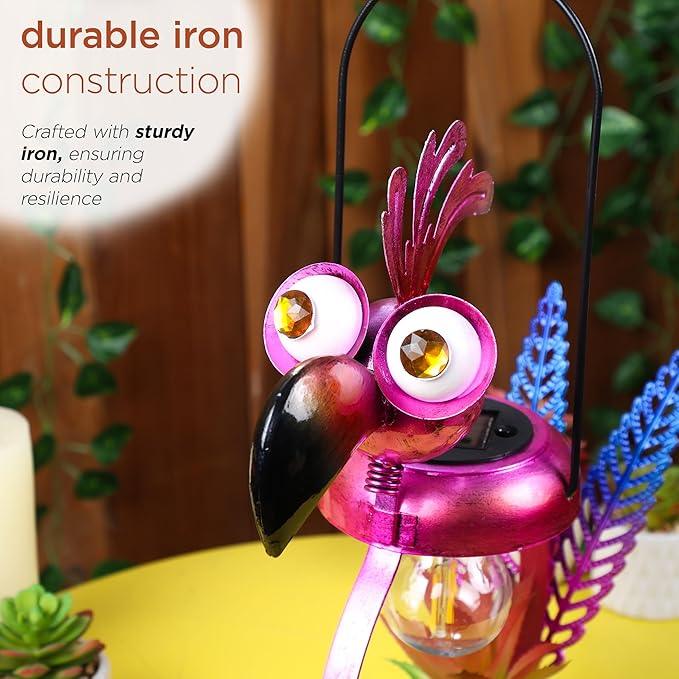 Alpine Corporation LYT288SLR-HH Solar-Powered Metal Flamingo w/Garden Enclosed LED Light, Solar Patio Décor, 16''H, Pink