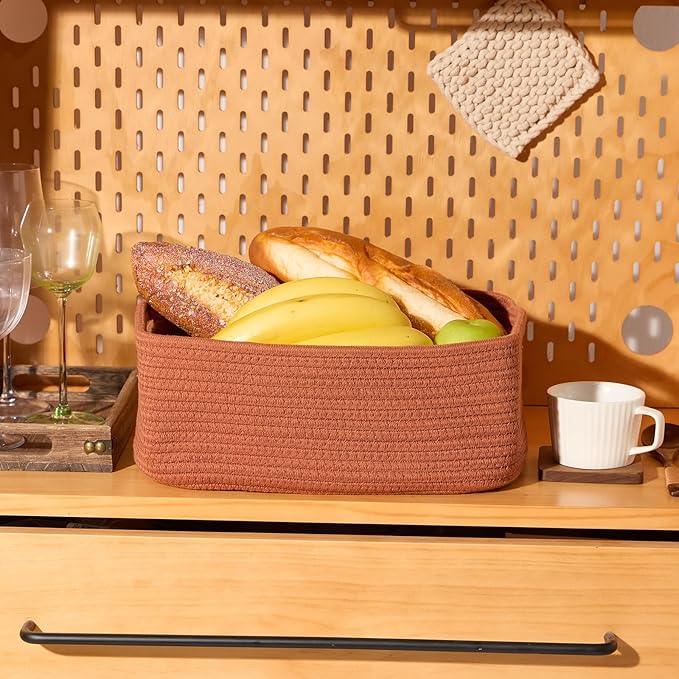 Small Storage Baskets for Organizing | Closet Organizer Bins | Shelf Toy Basket | Woven Rope Baskets | Cube Decorative Box | Shallow Basket | 13x8.5x5.1” | 4 Packs Oxide Red