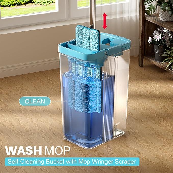 JOYMOOP Mop and Bucket Set with Wringer, Mops for Floor Cleaning, Wall Mop Cleaner with Long Handle, with 6 Reusable Microfiber Mop Pads - Grey+Cyan Blue