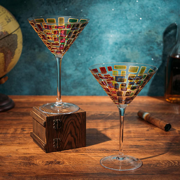 Renaissance Holiday Stained Glass Windows, Artisanal Hand Painted Glassware - The Wine Savant - Gift Idea Her, Him, Birthday, Mom, Housewarming, Gifts Ideas for Women & Men (Martini Glasses)