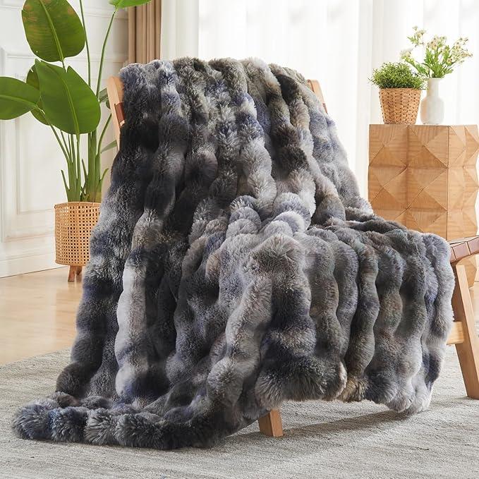 NEWCOSPLAY Faux Fur Twin Blanket Tie-dye Grey Luxury Fluffy Thick Warm Bubble Blanket for Couch Sofa Bed 700GSM (Tie-dye Grey, Twin(60