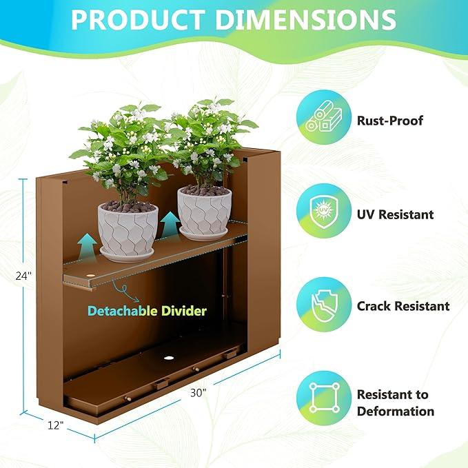 FENCY Metal Planter Box, Large Rectangular Planters for Outdoor Plants, Outdoor Tall Planters with Drainage Holes, Brown Metal Planters (30