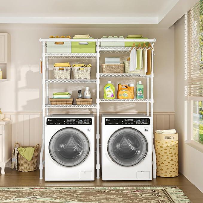 Ulif U13 Over Washer and Dryer Storage Shelves, 6 Tiers Laundry Room Standing Shelf with 2 Hanger Rods, Space Saver Clothes Drying Rack, 63.4