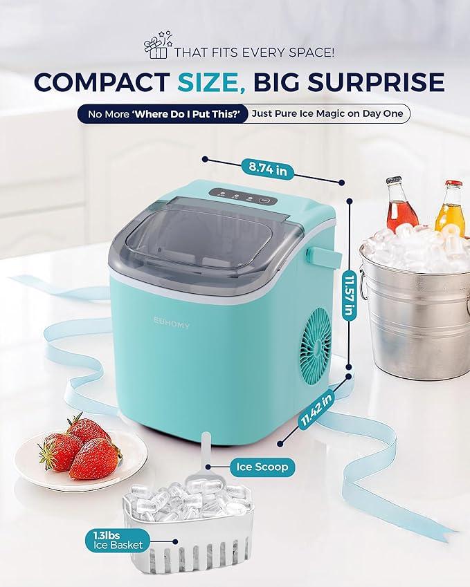 EUHOMY Countertop Ice Maker Machine with Handle, 26lbs Per Day, 9 Ice Cubes Ready in 6 Mins, Auto-Cleaning Portable Ice Maker with Basket and Scoop, for Home/Kitchen/Camping/RV (Green)