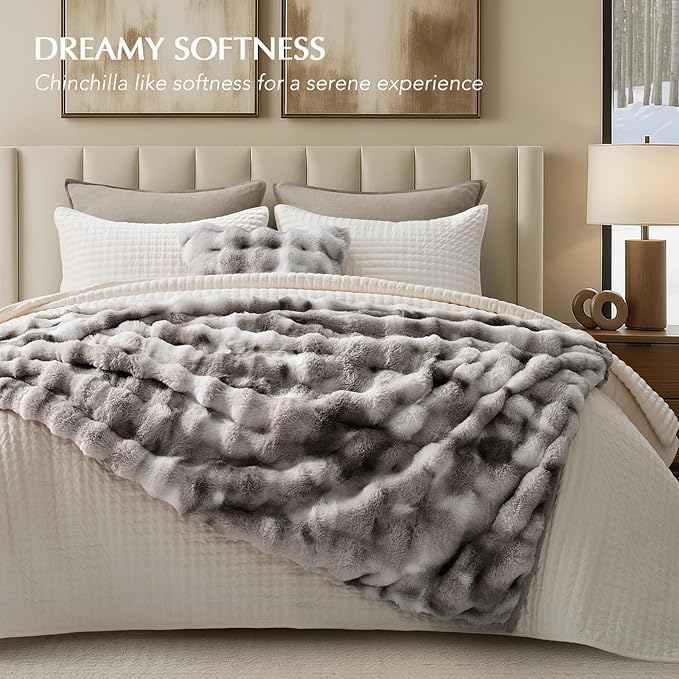 EVERGRACE Ultra Soft Luxury Fluffy Ridgeline Faux Rabbit Fur Throw Blanket, Thick Warm Bubble Throw for Bed, Cozy Plush Reversible Blankets for Couch, Chair, Sofa, Light Grey, 60x80 Inches, 870 GSM