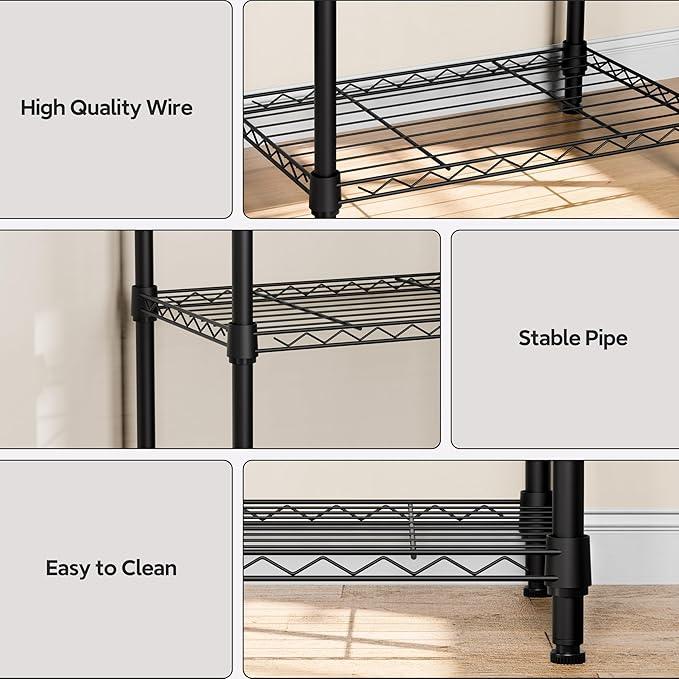 5 Tiers Shelf Metal Storage Shelves Wire Rack Closet Organizers with Wheel for Garage Kitchen Bathroom Laundry Black 11.8