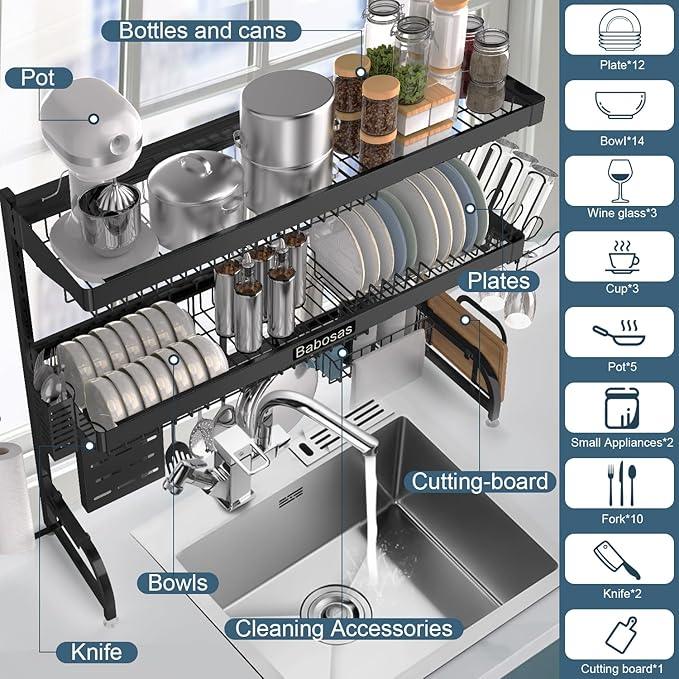 Over The Sink Dish Drying Rack,3 Tier Adjustable Length (25.5'' to 37.4'') Full Stainless Steel Large Storage Kitchen Dish Rack,for Kitchen Counter Expandable Multifunctional Organizers,Black
