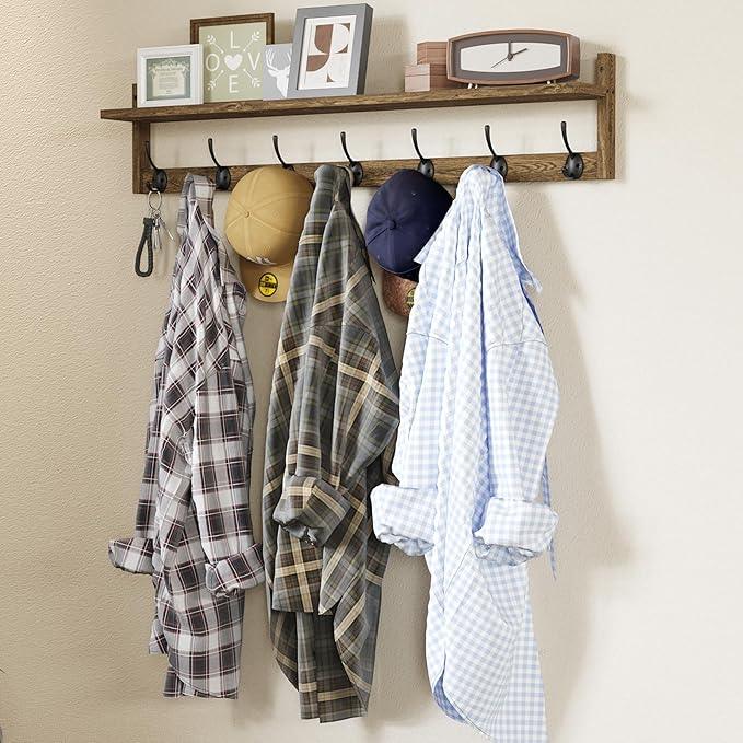BAMEOS Coat Rack Wall Mount, Large Wooden Coat Hooks with Shelf, 35