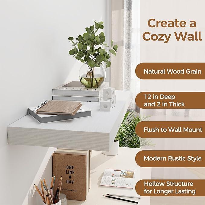 12 Inch Deep White Floating Shelves, 24 x 12 Floating Shelf for Books, Rustic Wood Deep Wall Shelves for Home Storage & Display, 2