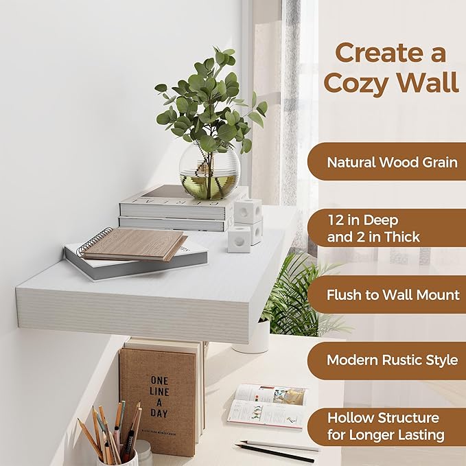 12 Inch Deep White Floating Shelves, 24 x 12 Floating Shelf for Books, Rustic Wood Deep Wall Shelves for Home Storage & Display, 2