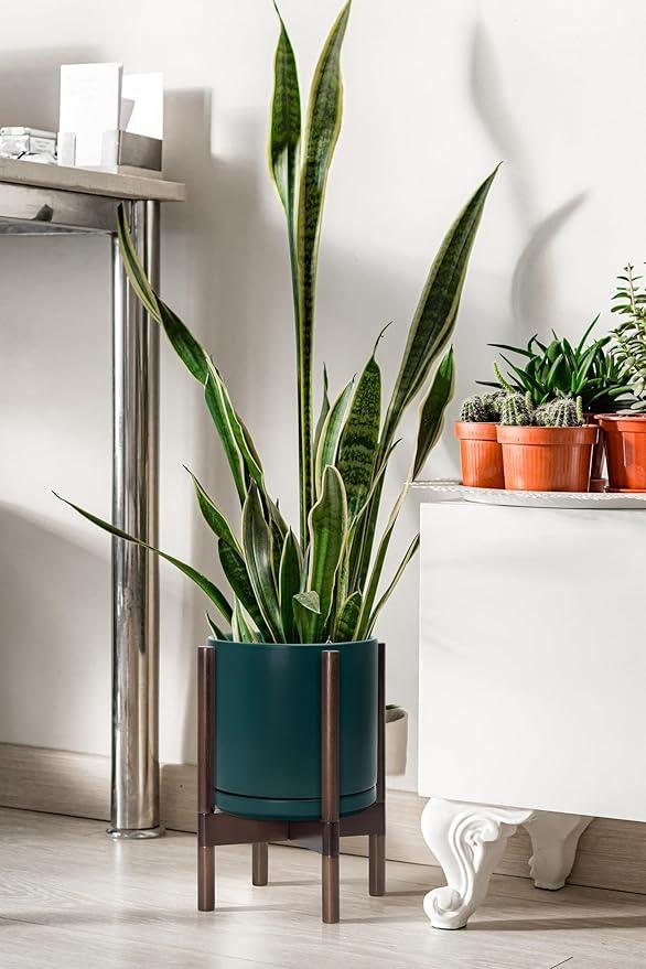 D'vine Dev Ceramic Planter with Walnut Color Stand - 10 Inch Modern Round Flower Pot with Wood Planter Holder, Teal, 55-B-X-4