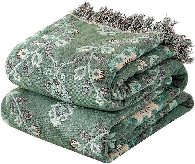 MSGKV Boho Throw Blanket for Couch Bed 100% Cotton Blankets Woven Green Blanket,Versatile Double Sided, Super Soft Warm Blanket 60''x 80''