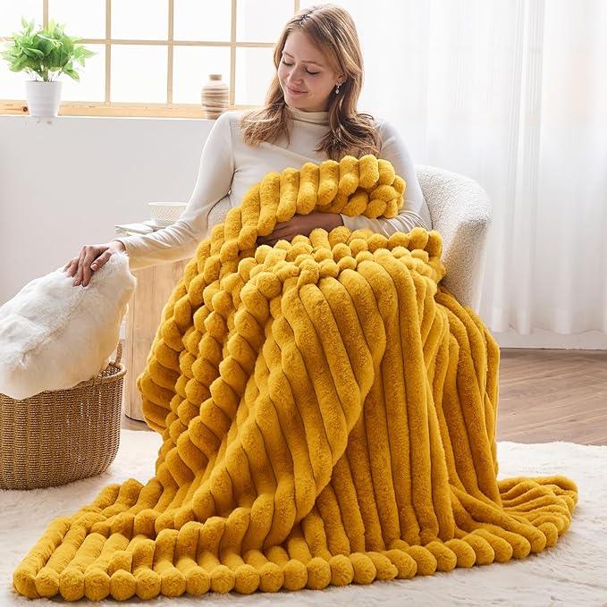 NEWCOSPLAY Faux Fur Throw Blanket Mustard Yellow 3D Ribbed Plush Thick Warm Blanket for Couch Sofa Bed 850GSM (Mustard Yellow Ribbed, Throw(50