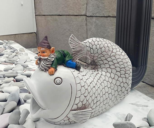 Gnome Fish Sculpture, Garden Animal Statue & Outdoor Decor, Eco-Friendly Resin Gutter Diverter Rain, Decorative Gutter Extension Downspout, Splash Block, Perfect for 3