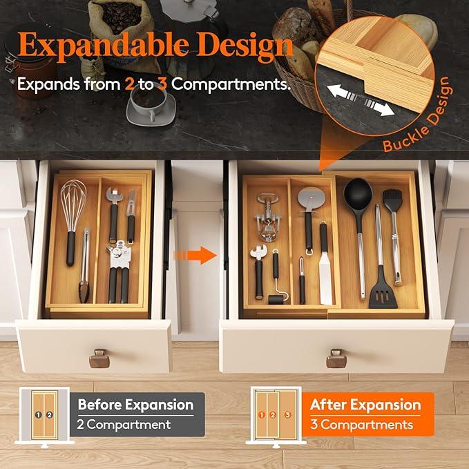 Lifewit Utensil Drawer Organizer, Expendable Cooking Silverware Tray for Kitchen Drawer, Bamboo Adjustable Cutlery Flatware Holder, Spatula Tools and Gadgets Storage Divider, 3 Compartments, Natural