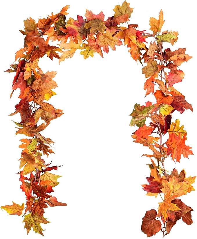 DearHouse 2 Pack Fall Garland Maple Leaf, 5.9Ft/Piece Hanging Vine Garland Artificial Autumn Foliage Garland Thanksgiving Decor for Home Wedding Fireplace Party Christmas (Orange)