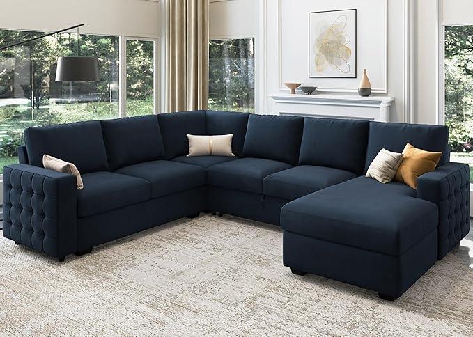 HONBAY Sectional Sleeper Sofa with Pull Out Bed U-Shape Sectional Couch Sleeper Bed with Storage Chaise Lounge Living Room 6 Seater Sectional Sofa Bed,Velvet Dark Blue