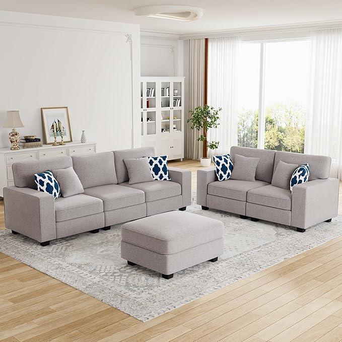 L Lengend Vansen Modular Sectional Sofa U Shaped Couch with Ottoman Modern Reversible Corner Sectional Couch for Living Room (Light Grey, 2+3 with Ottoman)