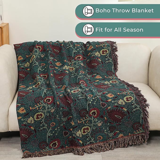 Boho Fall Throw Blanket for Bed，100% Ultra Cotton Soft Breathable Bed Throw Floral Printed Farmhouse Decor Rustic Bed Throws for Couch Sofa Quilt 90