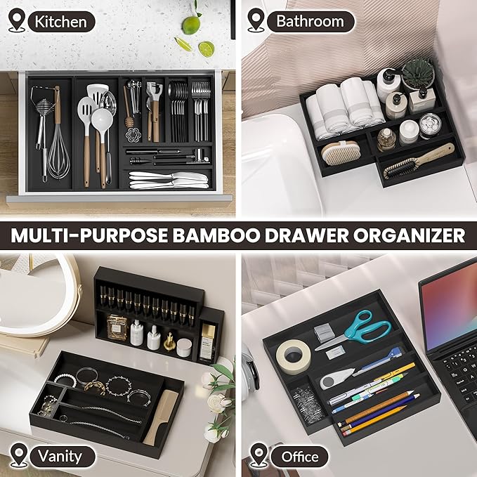 Kitchen Drawer Organizer Bins, Stackable Bamboo Drawer Organizer for Silverware, Coffee Pod Organizer K Cup Holder for Countertop, 2 Pcs Coffee Station Organizer Black 12