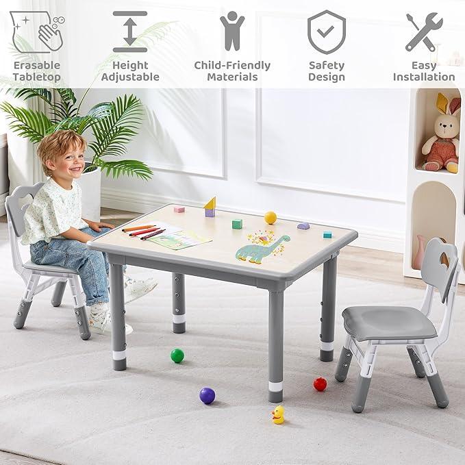 Kids Table and 2 Chairs Set, Height Adjustable (17.7