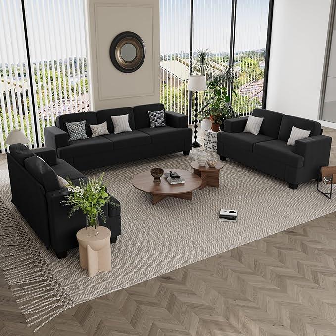 3 Pieces Corduroy Couch Set for Living Room, 7 Seats Cloud Sofa, Deep Seat Floor Couch for Bedroom, Futon Modern Sofa Sectional Bed, Black Corduroy