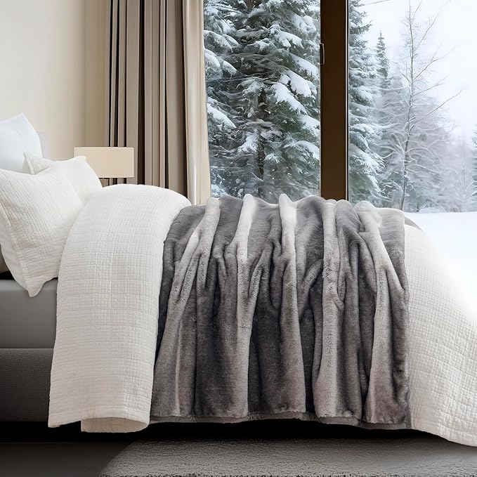 Ultra Soft Luxury Fluffy Mink Faux Fur Throw Blanket, Thick Warm Fall Winter Blankets for Bed, Couch, Cozy Plush Reversible Blanket for Chair, Sofa (Ombré Silver Onyx, 60