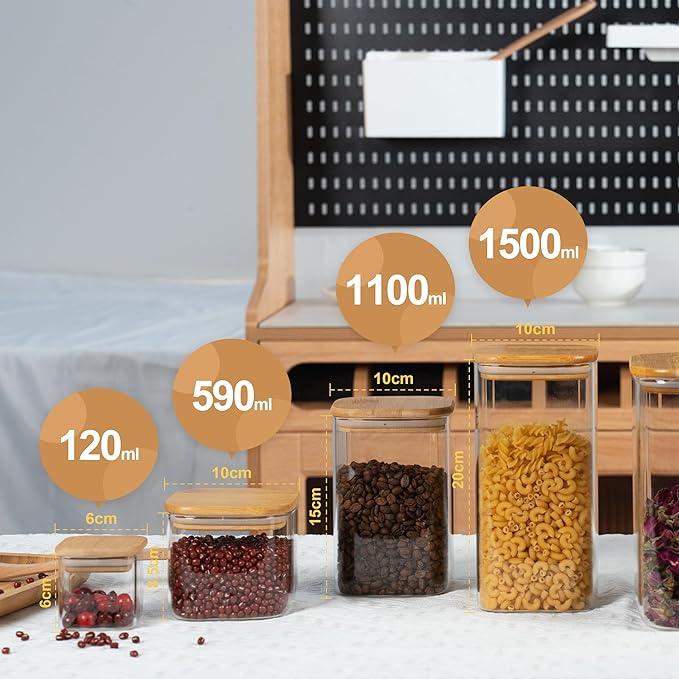 5oz Airtight Square Spice Containers with Bamboo Lid Set of 12 with Black Lables Storage Stackable Spice Jar, Kitchen Canister for Sugar, Tea, Flour, Salt and Seasonings (‎Clear Glass)