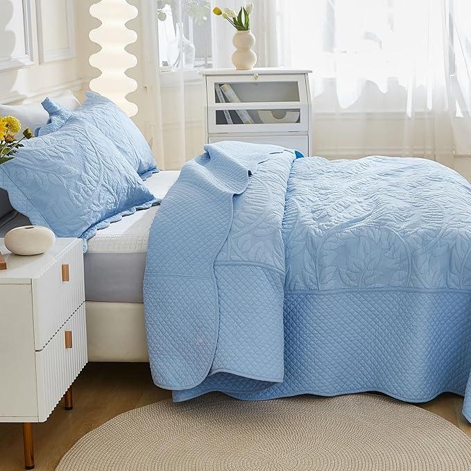 MarCielo 3-Piece 100% Cotton Oversized Bedspread Lightweight Quilt Coverlet Embroidery Farmhouse Bedding Set T0 (Light Blue, Oversized King (118