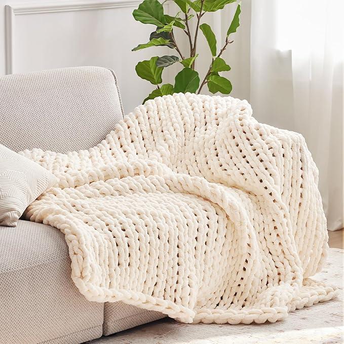 Chunky Knit Throw Blanket, 80''*90'' Knitted Throw Chenille Yarn for Bed Couch, Handmade Cream Crochet Big Thick Blanket, Machine Washable Cute Comfy Blanket for Home Decor