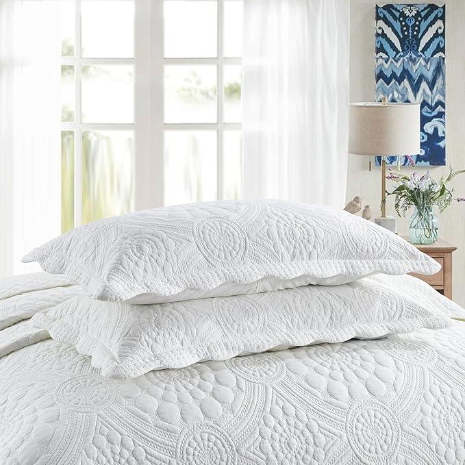 MarCielo 3-Piece 100% Cotton Oversized Bedspread Lightweight Quilt Coverlet Embroidery Farmhouse Bedding (Tf Bright White, Oversized King (118