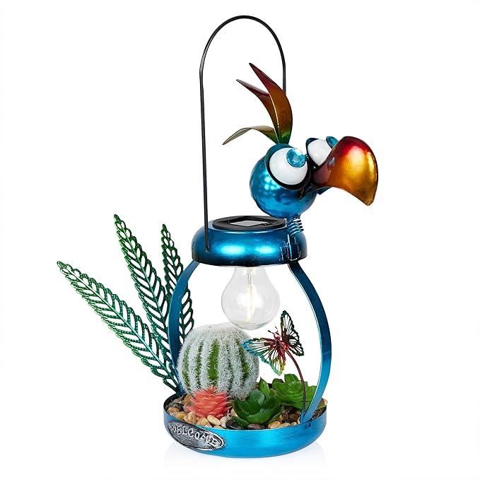Alpine Corporation LYT290SLR-HH Solar-Powered Metal Flamingo with Garden Enclosed LED Light, Solar Patio Decor, 16''H, Blue