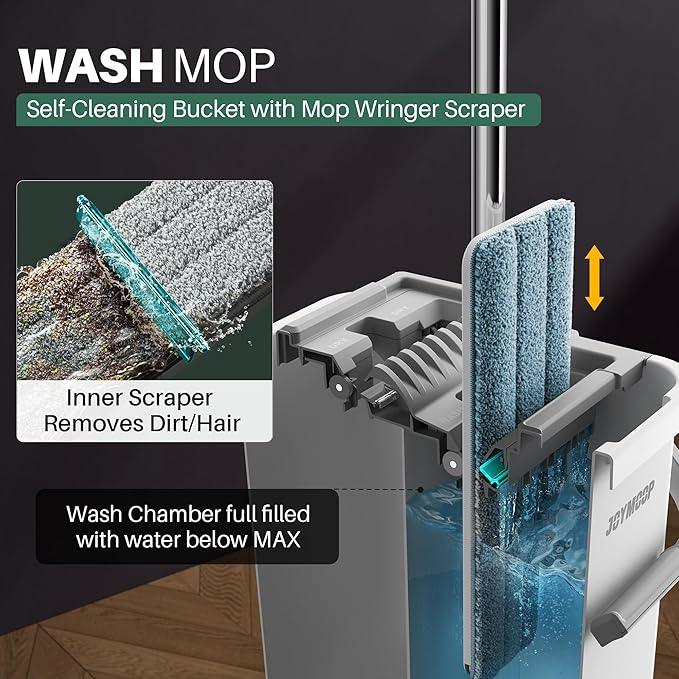 JOYMOOP Mop and Bucket with Wringer Set, Flat Squeeze Mop Flat Head, Dust Mops for Wall Cleaner with Long Handle, Hands-Free Microfiber Mops for Floor Cleaning - White