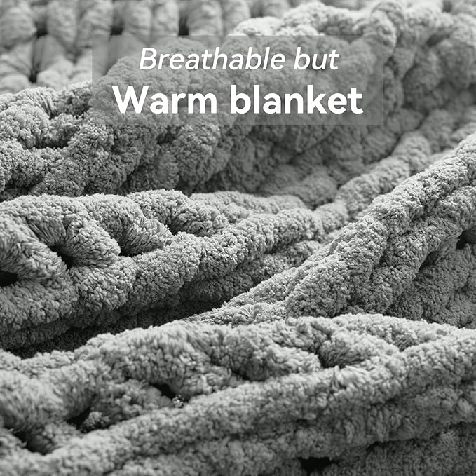 Chunky Knit Throw Blanket, 40''*50'' Knitted Throw Chenille Yarn for Bed Couch, Handmade Light Grey Crochet Big Thick Blanket, Machine Washable Cute Comfy Blanket for Home Decor