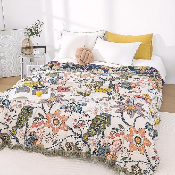 Snycler Boho Throw Blanket for Bed, 100% Organic Cotton Muslin Soft Throw-Floral Farmhouse Rustic Spring Summer Fall Decor Blanket for Couch Sofa Quilt and Gift, 60