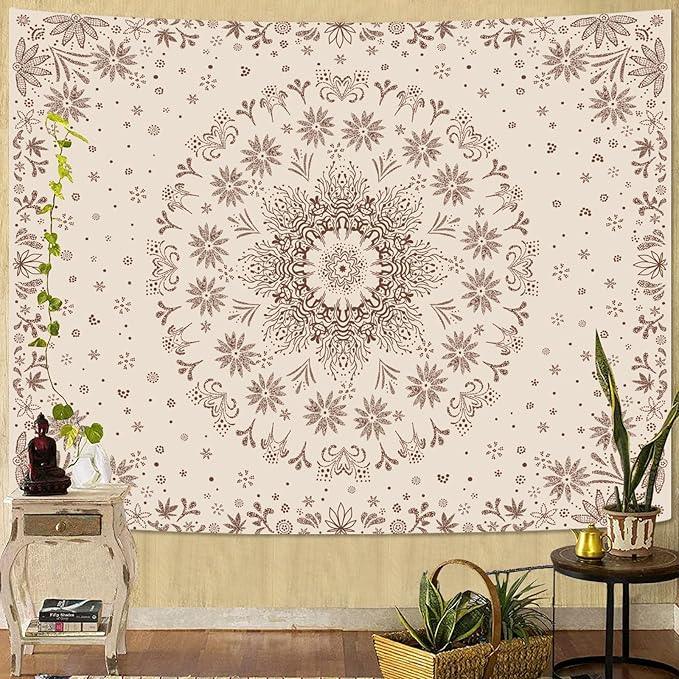 Fowocu Boho Floral Mandala Tapestry Wall Hanging Bohemian Flower Medallion Tapestry Aesthetic Beige Brown Hippie Indian Small Tapestries for Bedroom Living Room Dorm Decor 60 x 44 Inch