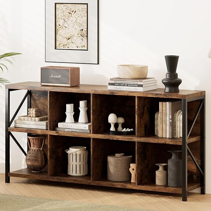 8 Cube Storage Organizer Bookshelf, Industrial Horizontal Bookcase, Accent Cubby Shelf, Media Console Table for Living Room, Home and Office, 63 Inches, Rustic Brown