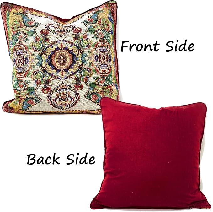 Tache Rococo Elegant Ornate Ivory Colorful Paisley Cotton Linen 18x18 Tapestry Woven Cushion Throw Pillow Cover 2 Pieces