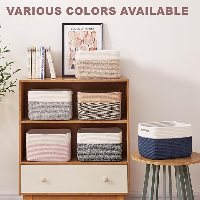 OIAHOMY 4 Pack Storage Baskets for Organizing, Basket for Shelves with Handle, Woven Baskets for Storage Toys, Towels, Books, Cotton Rope Basket 13