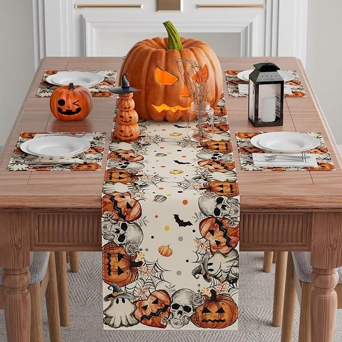 XCHI Spooky Skeleton Ghost Pumpkin Halloween Table Runner Party Table Decoration for Home Kitchen Dining Holiday Decor 13x36 Inch
