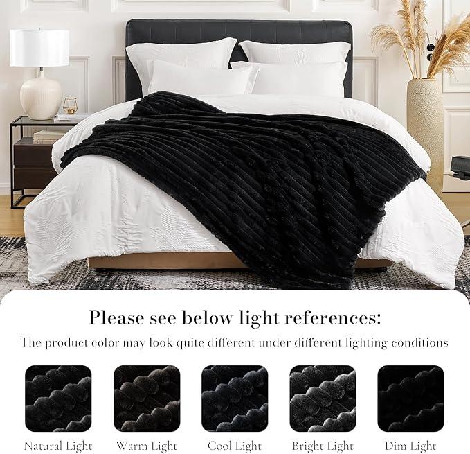 Amélie Home Faux Fur Throw Blanket for Couch, Cozy Fuzzy Fluffy Fur Luxurious Soft Striped Plush Gift Blankets for Family Sofa Chair Bed Living Room Bedroom, 55