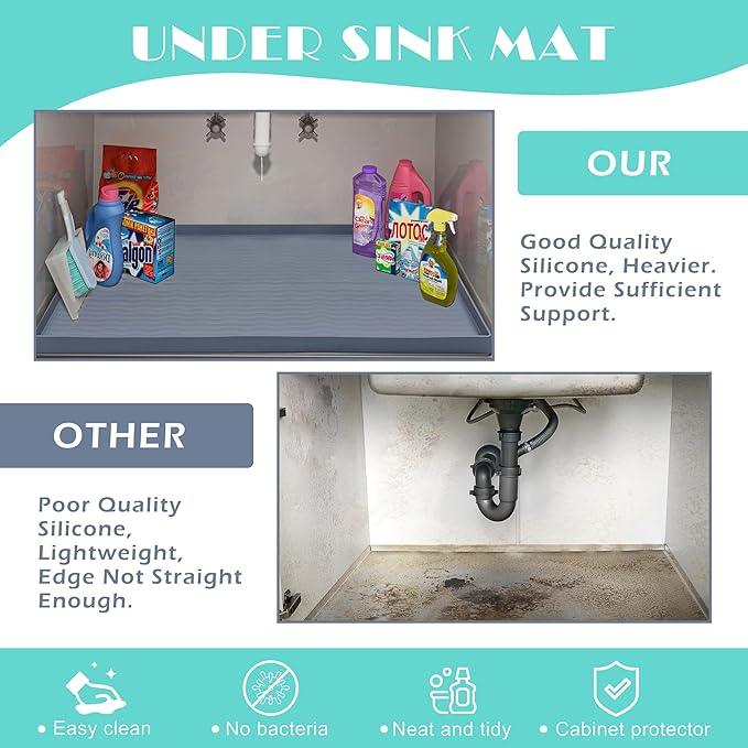 URMONA Waterproof Silicone Under Sink Mat 16'' x 10'' Shelf Liner for Kitchen and Bathroom, Cabinet and Counter Protector, Storage and Organizers, Litter Mat, Pet Cat Puppy Essentials(Light Grey)
